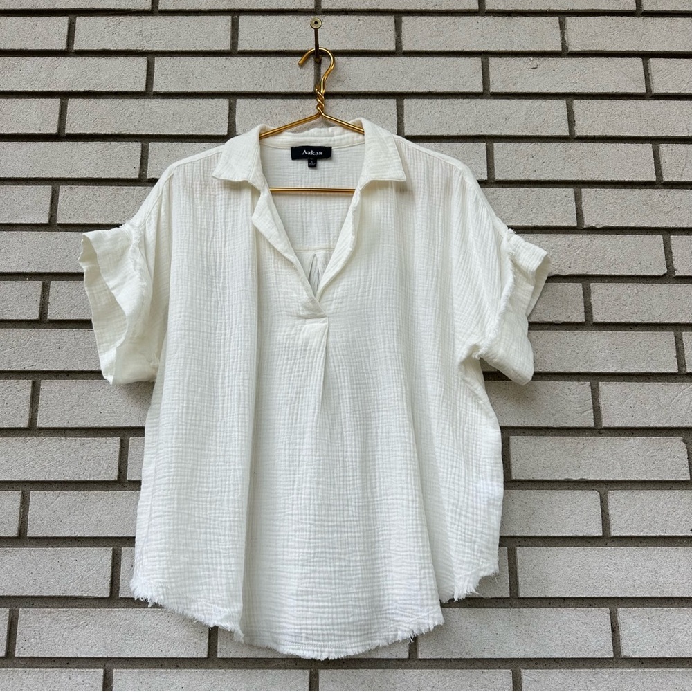 Aakaa White Cotton Gauze Collared Short Sleeve Blouse Top Boho Coastal L